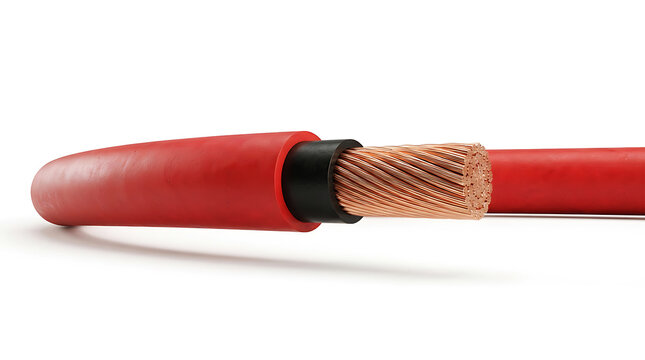 Close up of a red insulated electrical wire showing internal copper mesh shielding and wiring