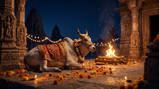 Sacred white cow resting near ritual fire inside ancient Hindu temple