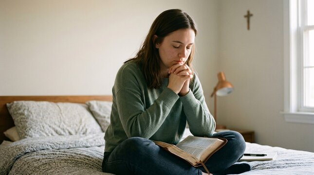 Young devoted woman sitting on her bed with hands clasped in prayer over an open Bible.