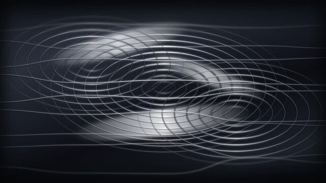 Abstract background of shimmering silver metallic concentric ellipses expanding and contracting on a dark grey canvas, intersected by flowing wavy lines, creating a sleek, futuristic, and sophistic...