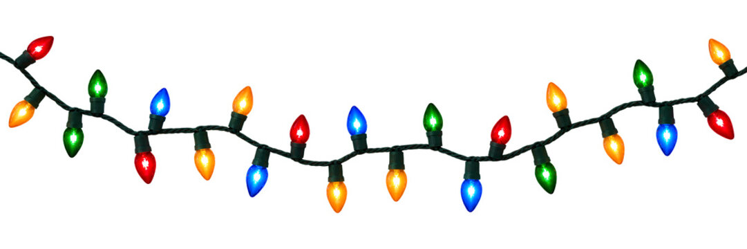 Colorful Christmas String Lights with Multicolor Glowing Bulbs isolated transparent background