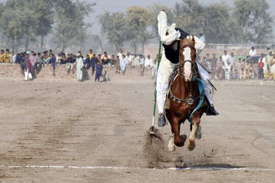 Punjab, Pakistan - 09 January 2018: View of a horseman performing tent pegging at a traditional equestrian competition with spectators watching from a brick wall in the background.