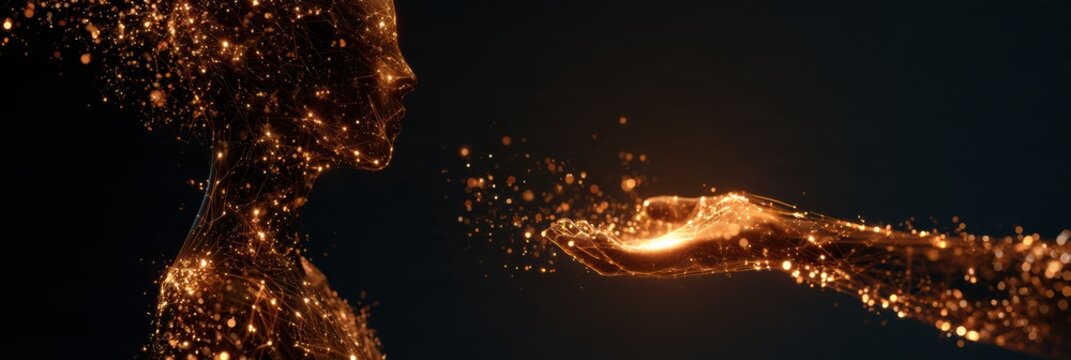 A human collaborates with AI tools in a dark tech environment to create and sell digital products while amplifying their creativity.