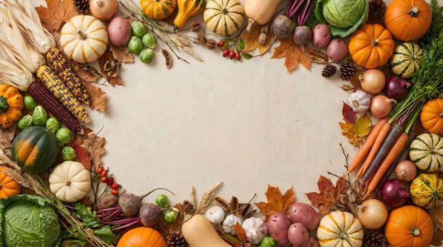 Autumn harvest arrangement with pumpkins gourds and seasonal produce border
