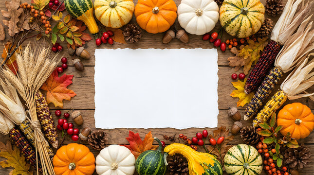 Autumn harvest arrangement with blank paper for festive fall message