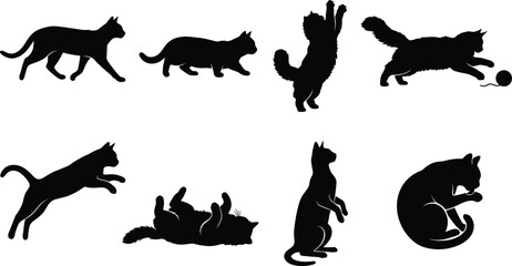 Obraz premium Set of black cat silhouettes featuring various playful feline poses isolated on white background