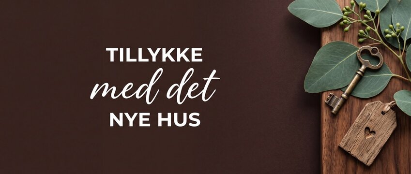 New home congratulations card Danish text Tillykke med det nye hus greeting background featuring vintage key wooden heart tag eucalyptus leaves on dark brown wood surface for housewarming relocation