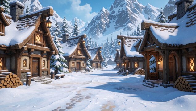 Rendering snowy village mountain range background made multiple wooden houses thatched roofs chimneys all cove