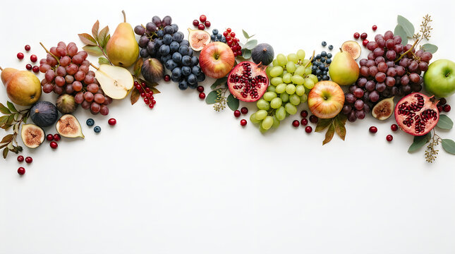 Abundant variety of fresh fruits laid out on a clean white background
