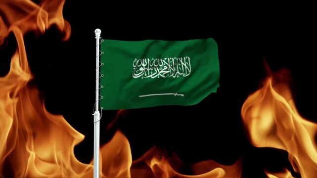 Animated waving flag of Saudi Arabia over burning fire background