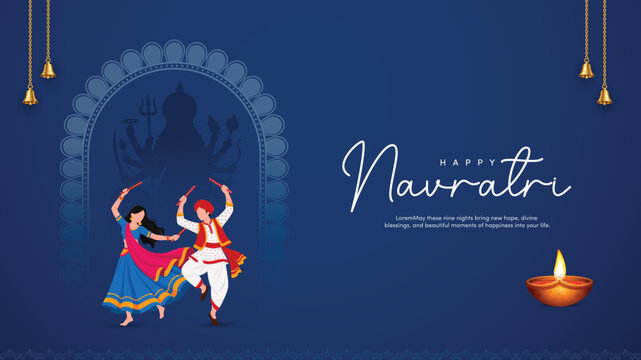 Happy Navratri banner featuring Dandiya couple, Durga silhouette, Diya and festive hanging bells.