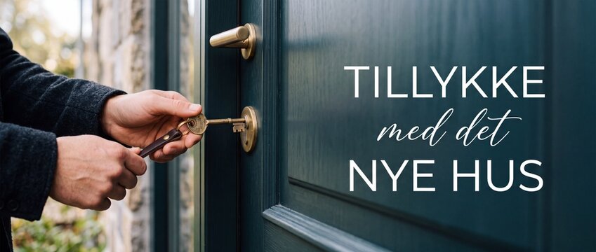 House key unlocking front door opening new home with Danish text Tillykke med det nye hus for real estate housewarming card greeting mortgage investment property purchase move in concept background.