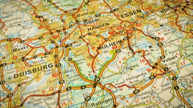 road network from d&uuml;sseldorf to oberhausen, germany &ndash; gliding view over detailed atlas map