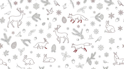 Obraz premium Repetitive pattern with walking foxes, resting rabbits and delicate snowflakes on light background