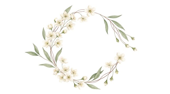Watercolor floral wreath illustration made of delicate spring cherry blossom flowers and green leaves as clean cutout