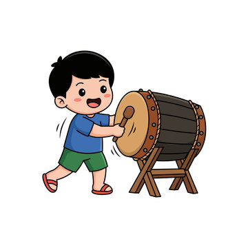 Cute Boy Beating Bedug Drum Flat Vector Lebaran Illustration