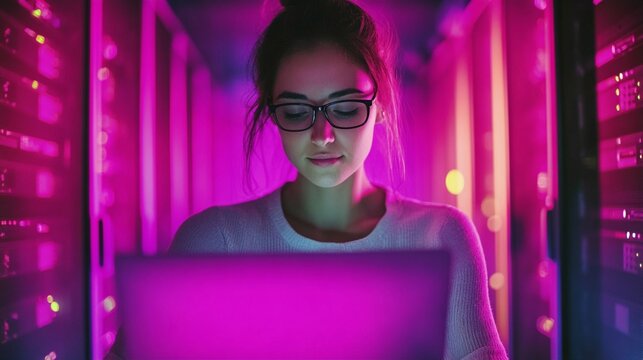 Young woman in glasses illuminated by vibrant purple light works intently on laptop in futuristic server room, creating a cyberpunk atmosphere.