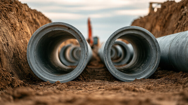 Concrete drainage pipes laid in excavation trench at construction site.