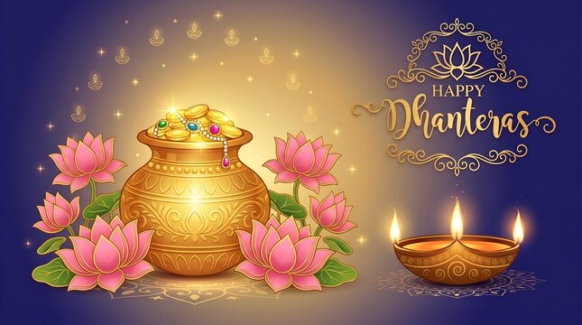Happy dhanteras greeting with golden coins pot and traditional diya lamp
