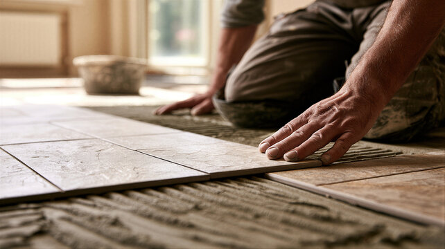 Worker installing ceramic floor tiles on underlayment in residential interior space.