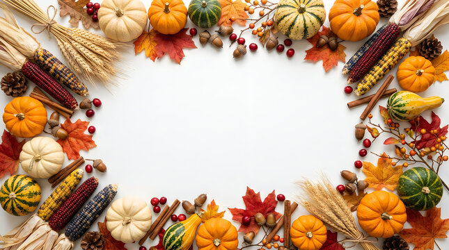 Autumn harvest arrangement with pumpkins leaves and corn on white background