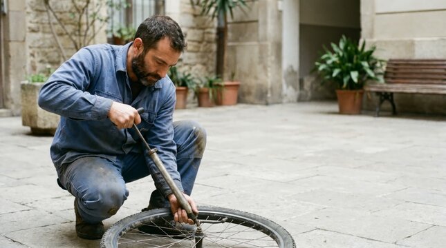 Man in blue overalls pumping up a bicycle tire in an old stone courtyard outdoors