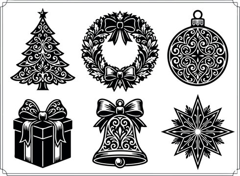Vintage Christmas icons set, ornate black and white holiday ornaments, 6 vector winter elements