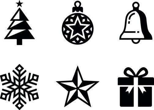 Christmas icon set, black holiday vector symbols, winter festive elements for greeting cards