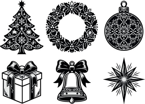 Vintage Christmas icons set, black and white holiday vector elements, 6 festive winter symbols