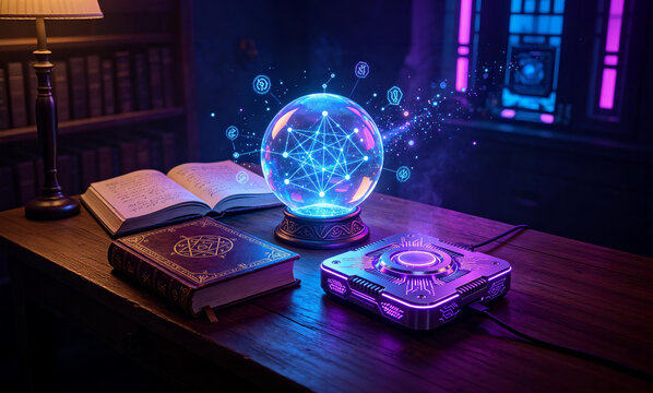 Mystical Wizard Study Glowing Magic Crystal Ball on Wooden Table with Ancient Spell Books Dark Purple Magical Room Background