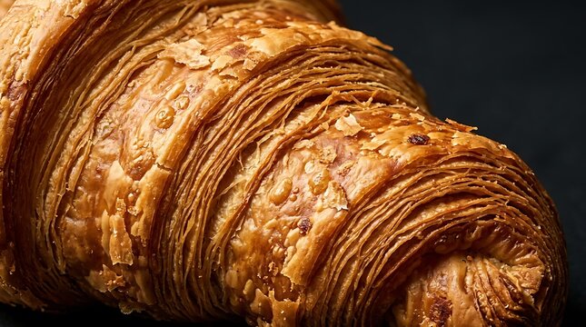 Fresh baked golden croissant pastry with colorful sweet sprinkles on a dark background for breakfast food. buttery croissant details