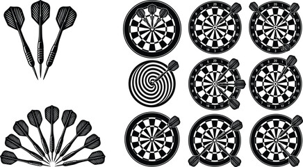 Black dartboard and flight arrows icon set for pub game tournament target championship sports recreation graphic element © MSTRAZINA