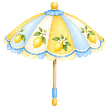 Watercolor lemon parasol illustration, pastel blue and yellow citrus umbrella, whimsical summer shade for nursery decor
