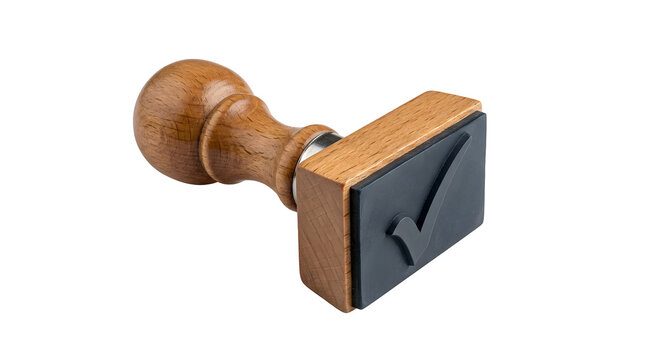 Rubber stamp with checkmark symbol and wooden handle, isolated on transparent background23333333333333=1