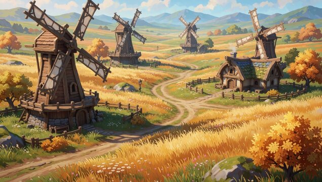 Digital illustration rural landscape windmills background windmill left wooden structure sloping roof chimney