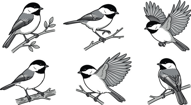 Set of black capped chickadee birds in various poses for nature and wildlife educational