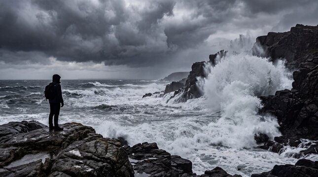 Lone figure observes powerful ocean waves crashing against rocky coastline under stormy skies, evoking El Ni&ntilde;o's intensity