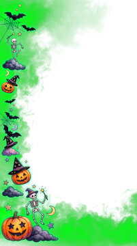 Spooky Halloween Side Border with Dancing Skeletons and Jack O Lantern Pumpkins on Green Smoke transparent background