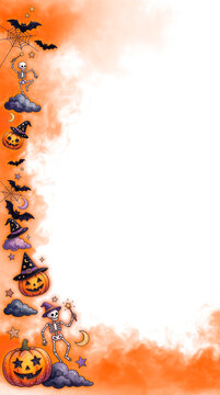 Spooky Halloween Side Border with Dancing Skeletons and Jack O Lantern Pumpkins on Orange Smoke Background transparent background