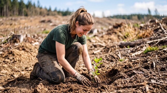 Young woman planting a sapling in a deforested area, symbolizing reforestation and environmental restoration efforts