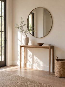 minimalist entryway interior featuring wooden console table, round wall mirror, ceramic vase with foliage, and woven basket. home decor, design concept.