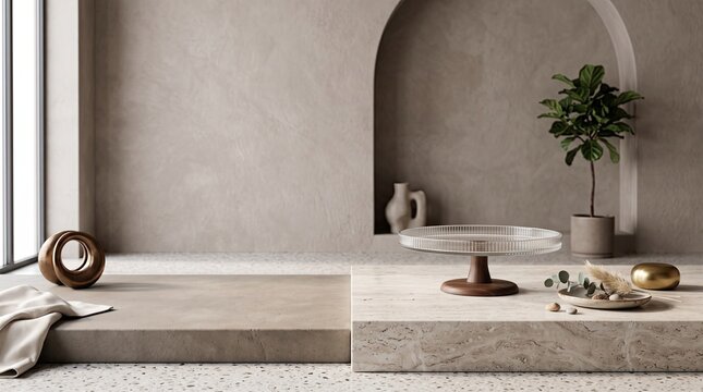 Minimalist Interior Design Featuring a Modern Stone Pedestal Display with a Glass Cake Stand and Decorative Elements in a Neutral Toned Room with an Archway Background for Product Photography Showcase
