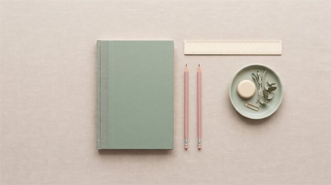 Styled workspace featuring light green journal, pink pencils, and modern office supplies on a soft background