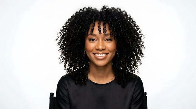 Portrait of a smiling young woman with voluminous curly hair, gold hoop earrings, and a black top against a white background