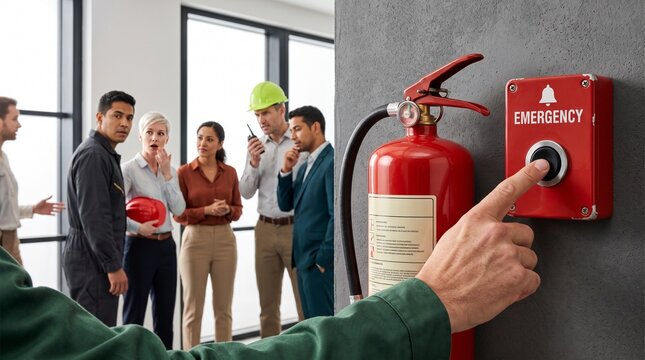 Occupational Safety: Person activates emergency alarm as office workers prepare to evacuate