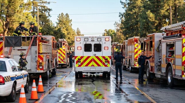 Emergency Services: First responders coordinate ambulance and fire engine deployment on a wet street