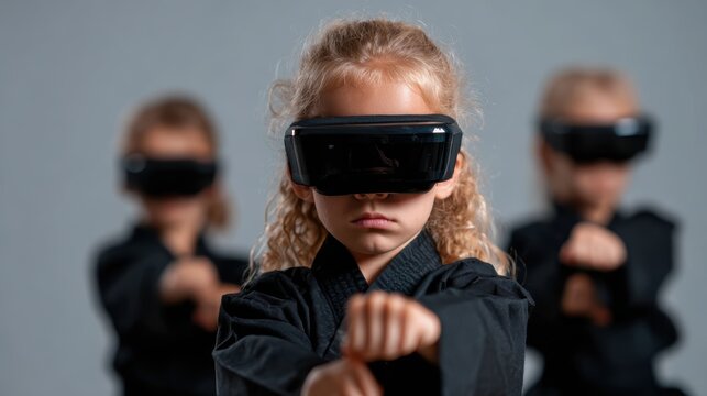 A young girl in a martial arts uniform utilizes virtual reality goggles, showcasing a blend of traditional training with modern technology for enhanced experiences.