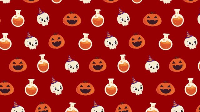 Halloween seamless pattern background with pumpkins skulls and potion bottles rising motion loop