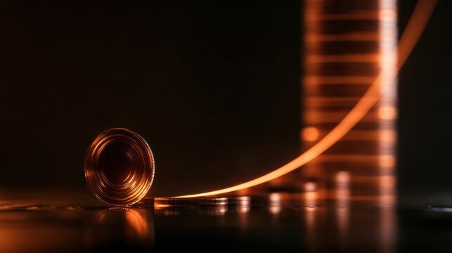 A single amber coin grows into a large stack over time, illustrating the concept of compound interest in a dark setting.