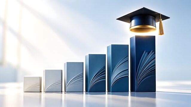 Blue Upward Bar Chart With Hovering Graduation Cap Concept For Academic Success And Growth